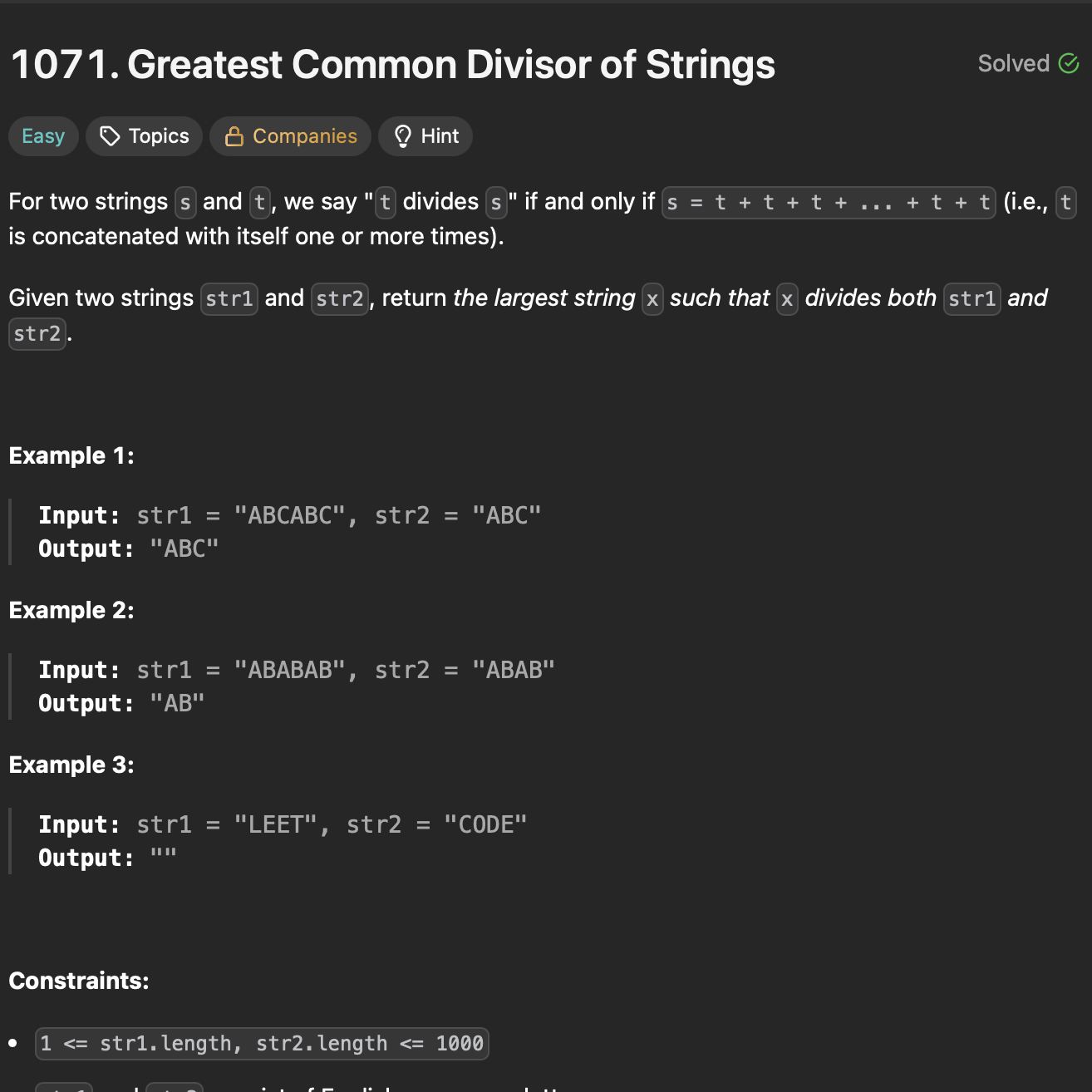 LC: 1071: Common Divisor of String